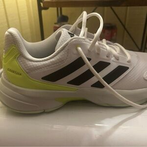 Adidas White and Black Shoes with Neon Highlights